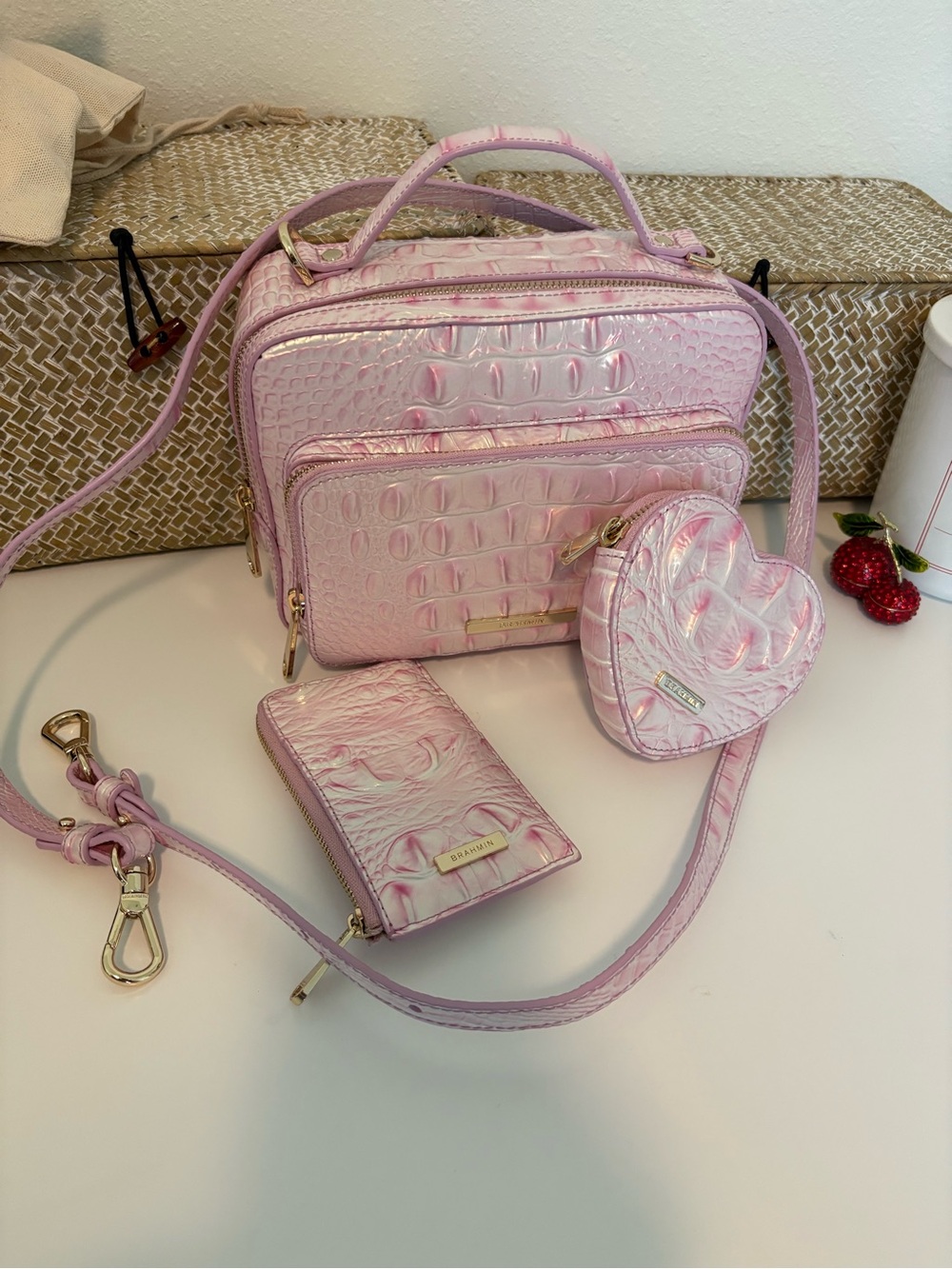 Brahmin Pink Croc-Embossed Multi-Piece Shoulder Bag Set - Women